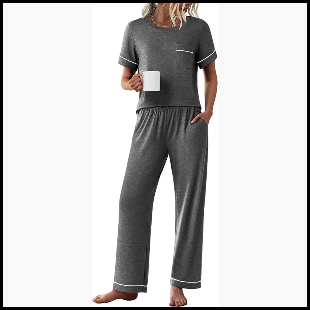 Soft Polyester Spandex Pajama Set Short Sleeve Top Pants Lounge